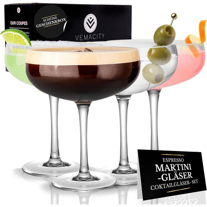 Vemacity Elegant Espresso Martini Glasses 4-Piece Set | Handcrafted Cocktail Glasses Set | Ideal Champagne Bowls and Champagne Glasses | Elegant Coupe for Margaritas & Cocktails | Martini Glasses
