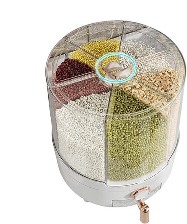 Rotating Food Dispenser – 360 Degree Rotating Dry Food Container, Transparent 6-Compartment Grain Dispenser | Sealed Rice Storage Container with Removable Lid, Storage