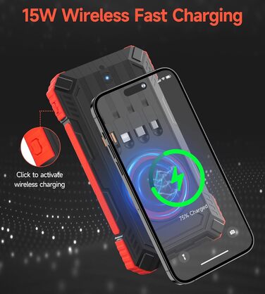 Power Bank 50000mAh з кабелем, портативний акумулятор для телефону з LED-дисплеєм, швидка зарядка USB-C PD 20W та QC 22.5W, 2 входи/5 виходів, для планшетів, телефонів, подорожей, кемпінгу (Помаранчевий)