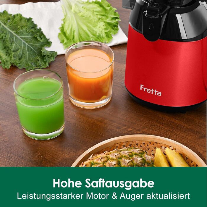 Fretta Slow Juicer with 135mm Opening, Juicer for Vegetables and Fruit Test Winner, 250W Breastfeeding Juicer with Cold Press, Easy Cleaning & Powerful Motor, BPA-free (Red, 1.8L) 1.8L Red
