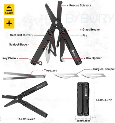 Мультитул BIBURY 10-в-1 з невидимими пінцетами, розбивачем скла, кріпленням для ременя та ножем для різання ременів. Ідеальний для кемпінгу, риболовлі, відпочинку на природі. Міні-інструмент BIBURY, чорний. Чудовий подарунок для жінок та чоловіків.