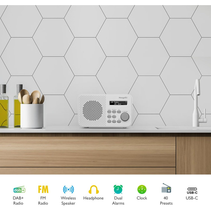 MD5 Стерео Радіо DAB з Bluetooth 5.3 та 2.4' Кольоровим Дисплеєм, Портативне Цифрове Радіо UKW, 2.0 Стереозвук, 40 Пам'ять, Будильник, Повторний Будильник & Сон, USB-C Живлення (Від Мережі або від Батареї) (Колір: Горіх, Моно Кам'яне Сіре)