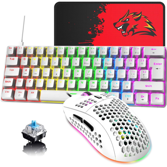 Ігрова клавіатура та миша UK-Layout з підсвічуванням RGB, 62 клавіші, механічна, 6400 DPI (чорний/червоний або білий/синій перемикач)
