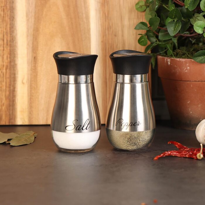 Набір для солі та перцю Com-Four® з нержавіючої сталі та скла (2 шт.) - дозатор спецій, контейнер для приправ з написом, для кухні та ресторану (сріблястий)