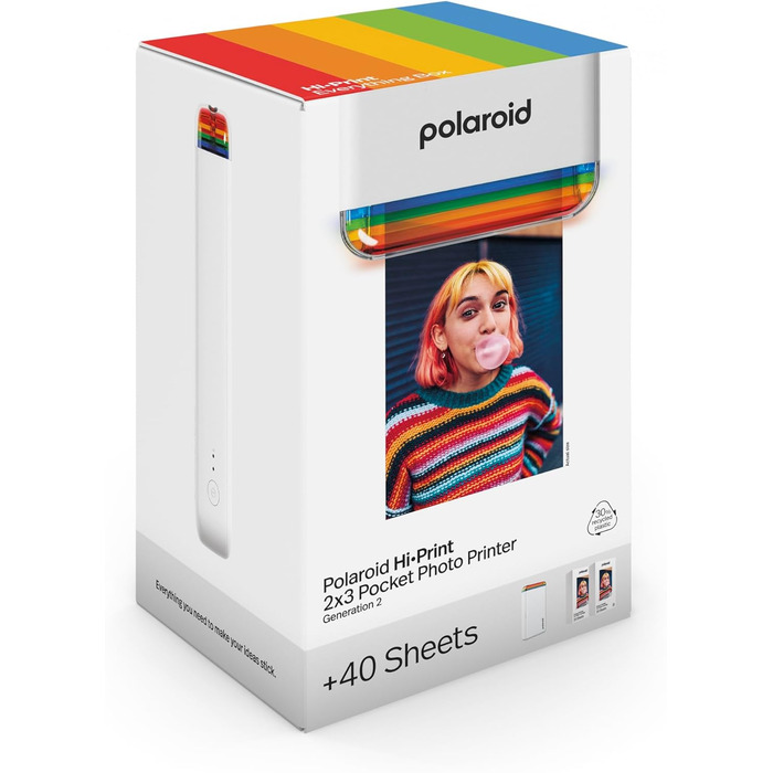Polaroid Hi-Print 2-ге покоління: Bluetooth-принтер для фотографій 2x3 дюймів (білий) + фільм