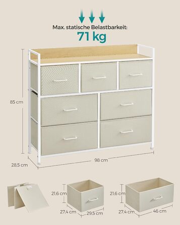 SONGMICS Chest of Drawers, Cabinet, 7 Fabric Drawers with Handles, Metal Frame, Industrial Design, Vintage Brown-Ink Black LTS137B01 (Cream White + Cloud White, 28.5W x 98D x 85H cm)