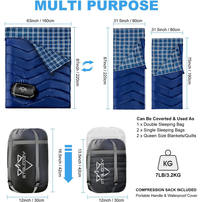Сплячий мішок двомісний ETGLCOZY для дорослих та дітей, XL Queen Size, 220*160 см, для кемпінгу, хайкінгу, подорожей, водонепроникний, з компресійним мішком