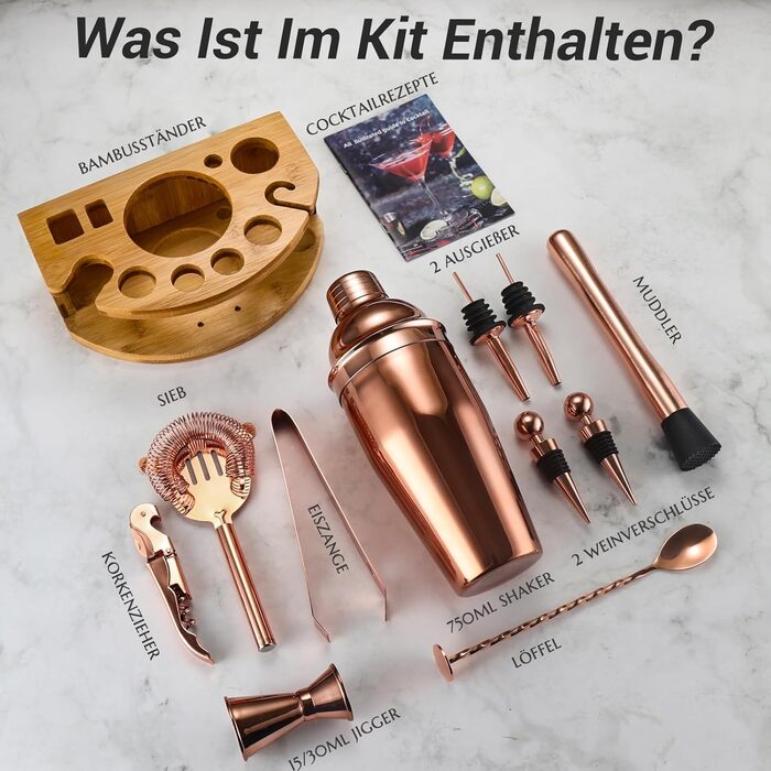 Cocktail Shaker Set, 12-Piece Stainless Steel Bar Accessory Set, 750ml Shaker Bartender Set with Stand, Ideal Cocktail Machine Bartender Set for the Home Bar (Rose Gold)