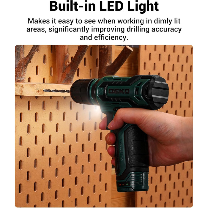 Набір акумуляторної дрилі DEKO 12V: 238 штук інструментів у кейсі. Акумуляторний дриль-шуруповерт для дому, жінок та базового ремонту. Зелений.