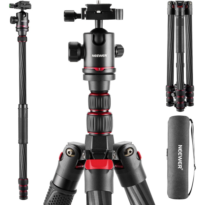 Штатив NEEWER 77' для камери, монопод, сумісний з DSLR та смартфоном, 360° кульковий голівкою, 2-осьова центральна колонка, QR-плита Arca, сумка, максимальне навантаження 15,4 кг, TP77 (карбоновий штатив з 2 осями)