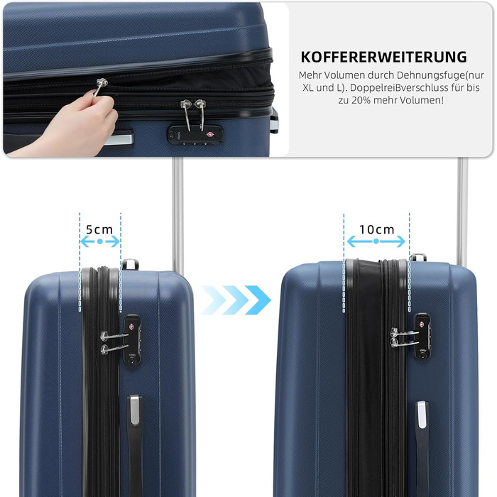 BEIBYE TSA Lock 2080 Twin Roller 3-Piece Travel Suitcase Set, Luggage Set, Trolley, Trolleys, Hard Shell (Dark Blue)