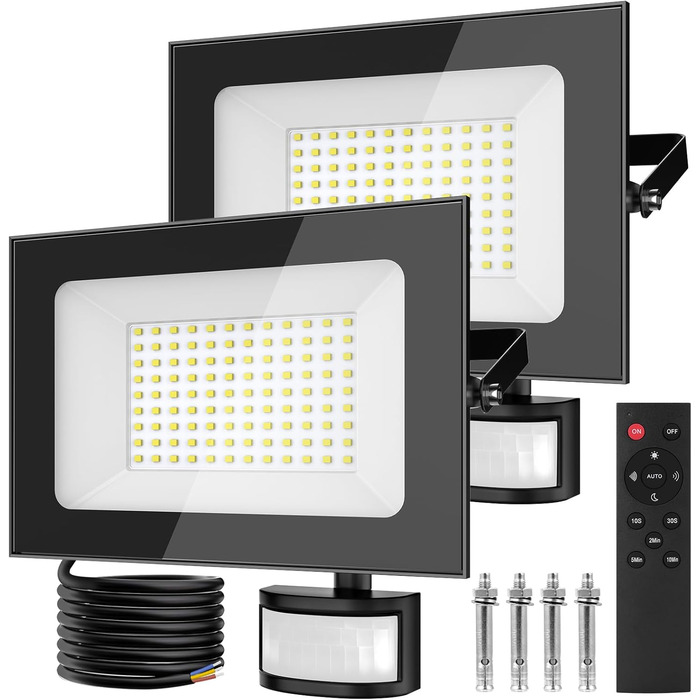 papasbox 2-Piece 100W LED Floodlights with Motion Sensor and Light Sensor | Outdoor Floodlights/Spotlights with Remote Control | 6500K Cold White IP66 Waterproof Floodlight for Garden, Garage, Sports Field
