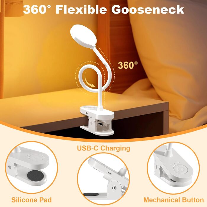 LED лампа для читання ZAPLIT з кріпленням на ліжко – 3 режими, 10 яскравостей, USB-C, гнучкий шийка 40 см, для спальні, робочого столу та кемпінгу, білий, діаметр 3,5 дюйма