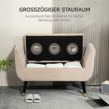 HOMCOM Luxury Bench with Storage, Armrests, and Trunk Bench, Velvet-like Polyester, Rubberwood, Beige, 107 x 42 x 65 cm | Aosom