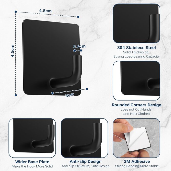 Набір гачків для рушників без свердління, 6 шт. з нержавіючої сталі, самоклеючі, до 10 кг, для ванної кімнати та кухні