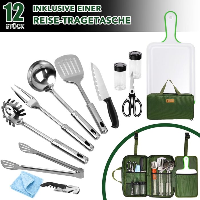 Набір кухонних аксесуарів для кемпінгу Eaststorm з водонепроникною сумкою. Підходить для кемпінгу, альпінізму, походів. Компактний та портативний. Темно-зелений колір.