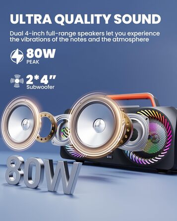 Караоке-машина для дорослих та дітей, портативна Bluetooth-система 80W – 2 бездротові мікрофони, регулювання ехо, USB/AUX-роз'єми, ідеальний подарунок для вечірок на природі