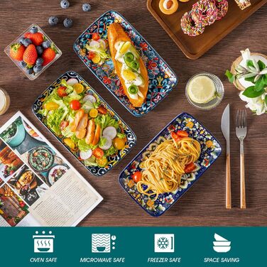 Vancasso Serving Plates, Porcelain, SIMI Rectangular Plate Set, 6-Piece Bohemian Dinner Plate Set, Plate Set for 6 People, 22 x 13 x H 2.3cm