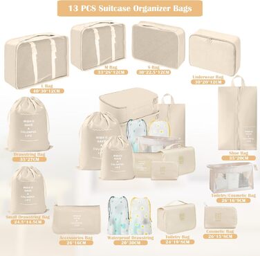 Набір органайзерів для валізи 13 шт., Packing Cubes, водонепроникні органайзери для подорожей та відпустки, прозорі (Бежевий)