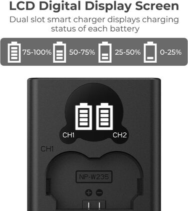 Зарядний пристрій K&F CONCEPT NP-W235 з LED-дисплеєм, Dual Slot, Micro USB та Type-C, сумісний з Fujifilm X-T5, X-T4, GFX 100S, X-H2S, GFX 50S II, VG-XT4. Підтримка передачі даних.