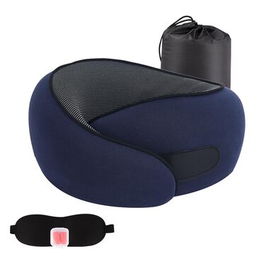 Подушка для подорожей з піни Memory Foam, набір (маска для сну, беруші), U-подібна подушка для шиї, рожево-синя