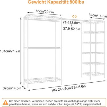 Розширюваний вішак для одягу, металевий гардеробний стійка з регульованими полицями (білий)