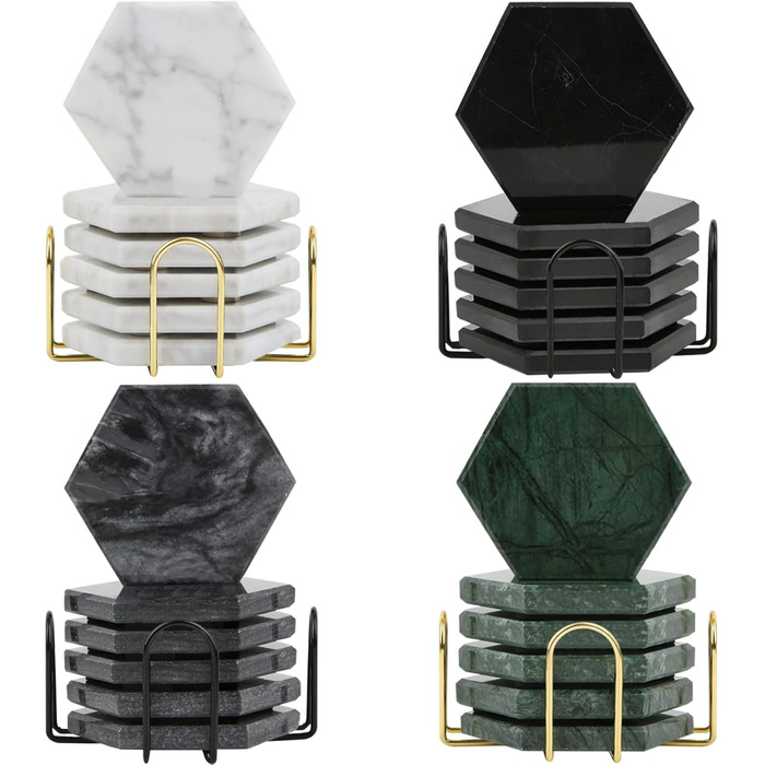 Marble Coasters for Drinks with Metal Stand for High-End Lifestyle (Set of 6) (Hexagonal, Emerald Green)