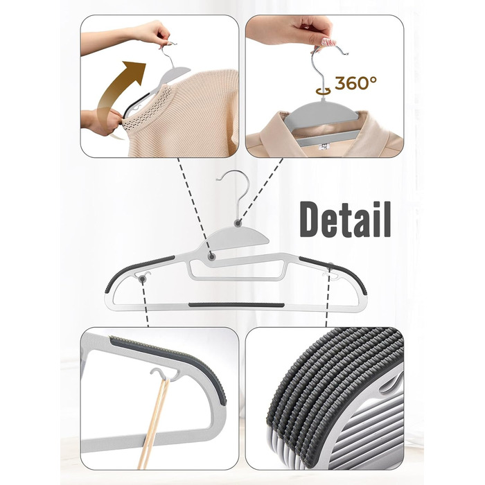 20 шт. Плечі для одягу HOUSE DAY з пластику - протиковзкі, для мокрого та сухого одягу, обертаються на 360°, міцні, сірі (з чорною гумовою смугою)