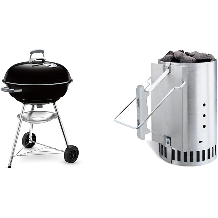 Weber 1221004 Charcoal Grill Compact Kettle, Diameter 47 cm, Black, Dome Grill + Grill Cover Charcoal grills with a diameter of gray (57cm, Bundle with Rapidfire Starter Chimney)