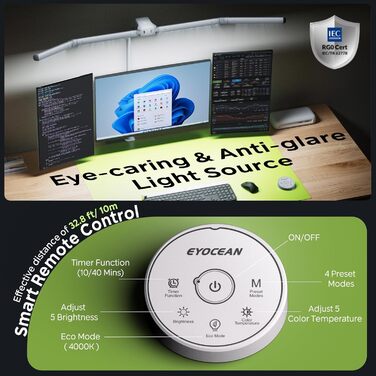 Лампа настільна EYOCEAN з 4 джерелами світла, 24W, 100см, денне світло, з пультом, регульована яскравість, для офісу та дому, захист очей, з шийним гнучким кріпленням