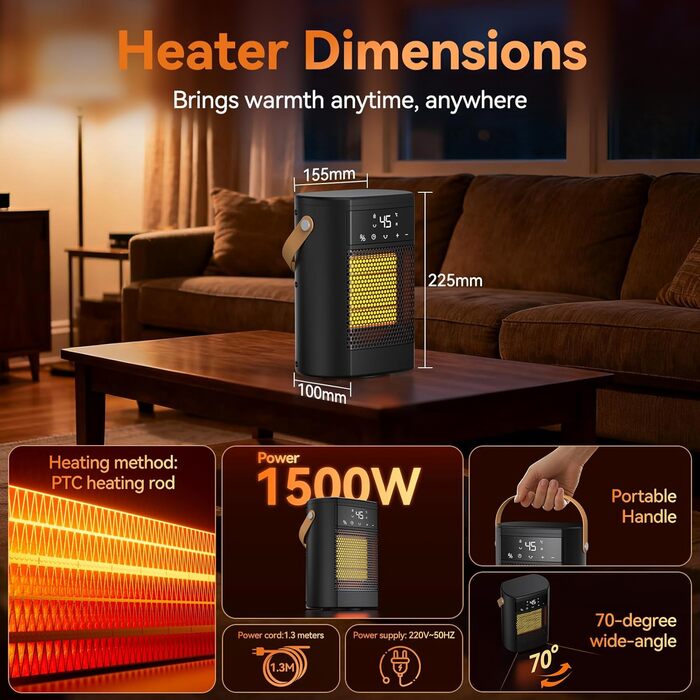 Електричний обігрівач 1500W з осциляцією, захистом від перегріву та перекидання - тихий, швидкий, для дому та офісу
