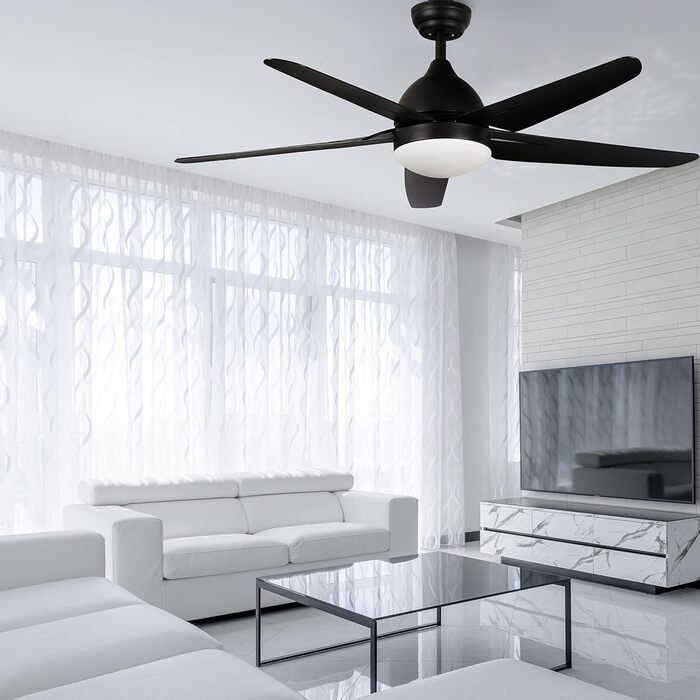 Стеляний вентилятор FINXIN з LED-лампою 132/122 см для спальні, вітальні, їдальні. Включає мотор, пульт керування (5 лопатей, чорний)