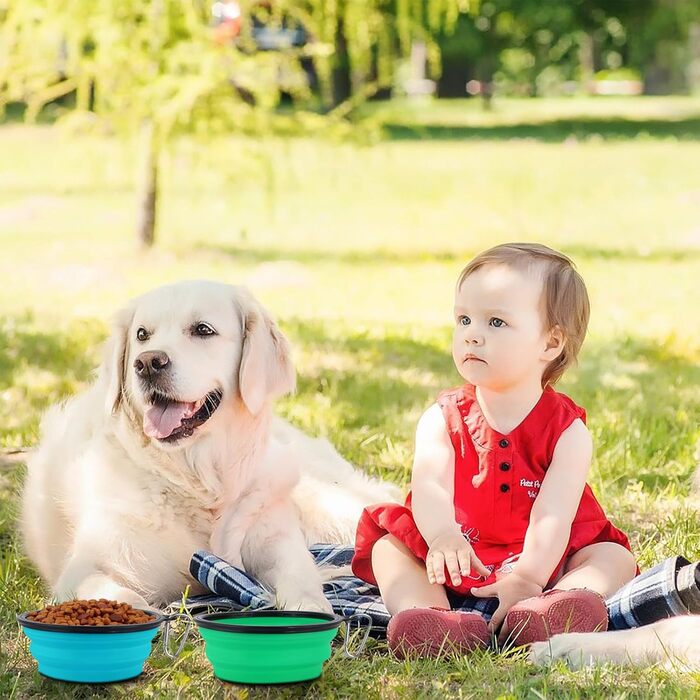 Складаний миска для собак SLSON, 2 шт., з кришкою та карабінами, 1000 мл, блакитний та зелений