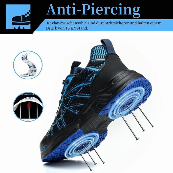 Черевики безпеки для чоловіків та жінок. Легкі спортивні робочі черевики з металевим носком, неслизькі, дихаючі. Розмір 44 EU, синій.