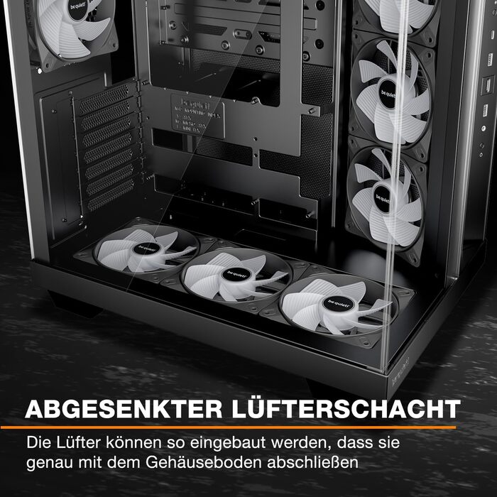 be quiet! Light Base 500 LX: Чорний корпус ПК з повністю прозорою передньою та бічною панелями, Show Case, Dual Chamber Design, 4 вентилятори Pure Wings 3 PWM, без RGB, задній порт-дизайн