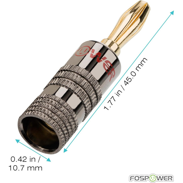 Bananstecker FosPower для акустичних кабелів: 2 пари (4 шт.) з покриттям 24K, для сабвуферів та стінних панелей. High-End