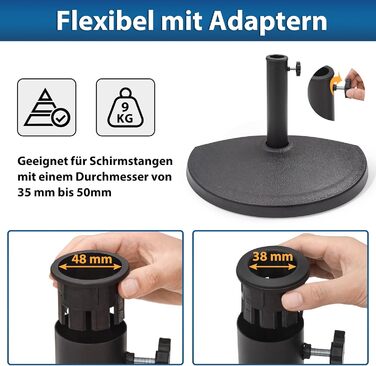 Paramondo Half-Round Umbrella Stand - Weatherproof umbrella stand with mast thickness 35-50 mm, including adapter, balcony stand, 9 kg, black