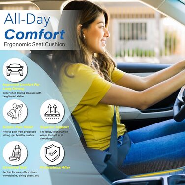 Подушка для сидіння в авто з Memory Foam для полегшення болю в попереку, велика, для водіїв невеликого зросту, комфортне водіння - для авто, офісу (чорна)