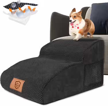 2-Step Dog Stairs, 40cm Cat Stairs with Washable Cover, Dog Stairs for Small Dogs, Pet Stairs for Dogs and Cats, Cat Stairs for Senior Cats, Black (2-Step Wide Dog Stairs Black)