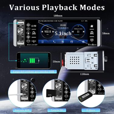 Автомагнітола CAMECHO 1 DIN з CarPlay, 5,1