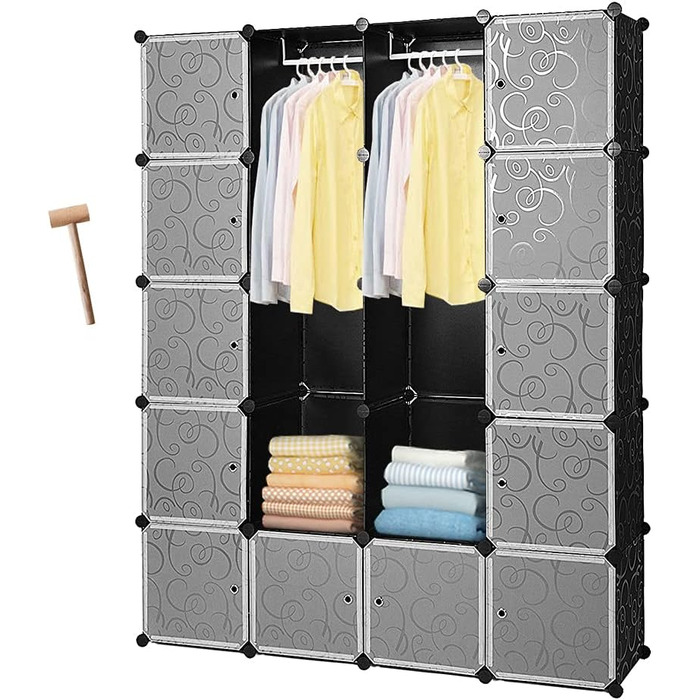Regalsystem Shoe Rack Set of 20 Cubes, Plastic Closet with Doors, Plug-in Shelf, DIY Cube Shelf, Modular Storage Combination Cabinet for Clothes, Shoes, and Books, Black