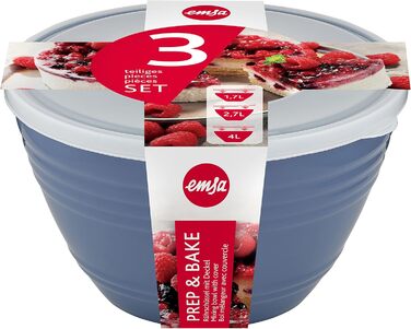 Emsa Prep&Bake 3-Piece Plastic Mixing Bowl Set, 1.7 + 2.75 + 4.15 L with Preserving Lid, Non-Slip Base, Perfect Stability While Mixing, Dishwasher Safe, Stackable Bowl Set K325S3
