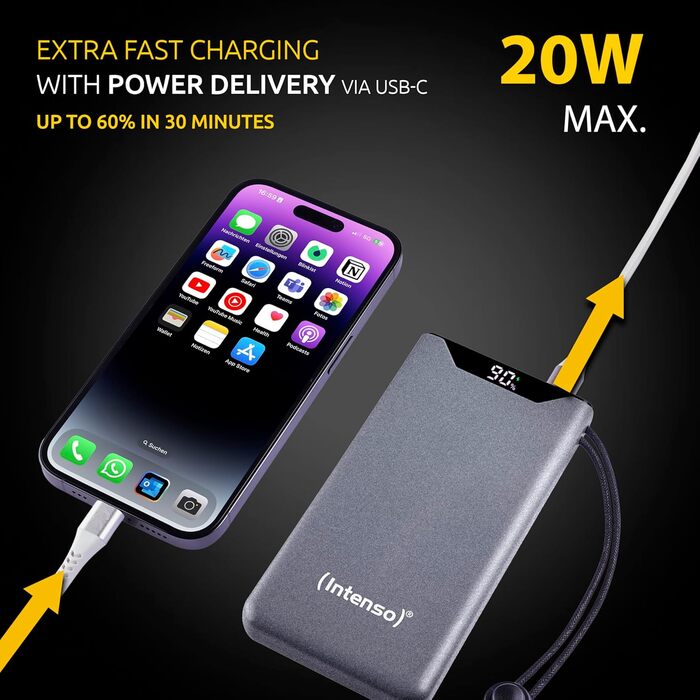 Powerbank Intenso F10000: 10000 mAh, PD 20W, QC 18W, USB-C/USB-A, Сірий