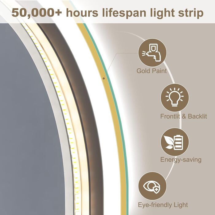 Дзеркало для ванної кімнати STARLEAD овальне LED з підсвічуванням 90x60 см, Bluetooth, диммер, 3 кольори світла, протитуманне покриття, функція пам'яті, HD скло, IP44, горизонтальне/вертикальне, без рамки, Munich Gold (Bluetooth)