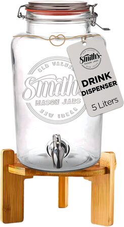 Скляний диспенсер для напоїв Smith's Mason Jars 5 л з нержавіючим краном, фільтром і дерев'яною підставкою — ідеально для лимонаду, води, коктейлів