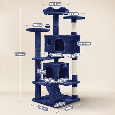 Кігтеточка-кольоротка для котів Yaheetech, 139 см, з 3 платформами, 3 стовпчиками для заточування, 2 будиночками, м'ячиками, блакитний (49 x 49 x 139 см)