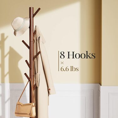 Pipishell Coat Rack, Clothes Rack, Garment Rack, Tree-Shaped Wardrobe, 3-Height Adjustable, for Clothing, Hat and Handbag, for Living Room, Bedroom or Office, With 8 Hooks, (Brown)