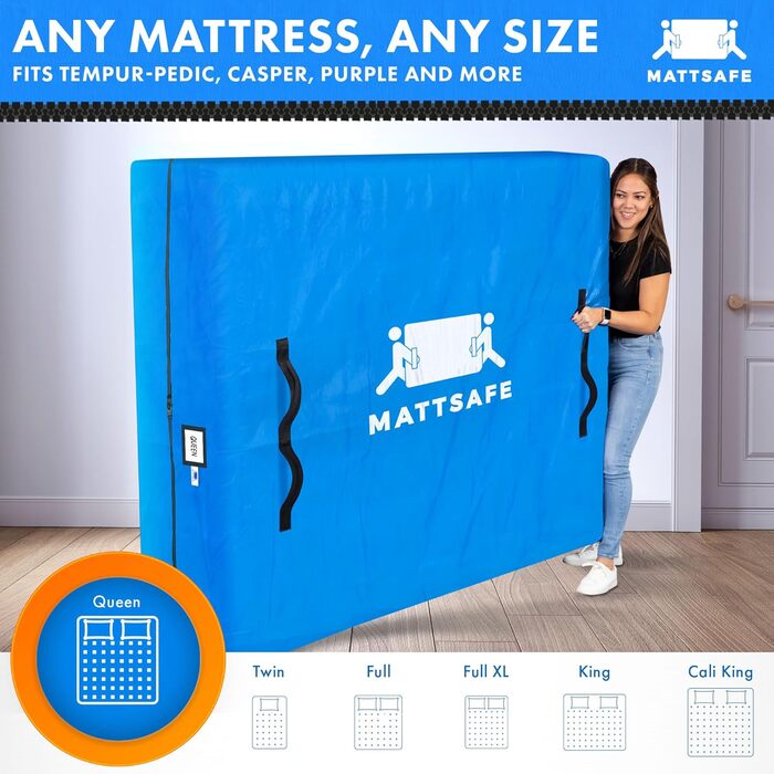 Moving and Storage Bag with 8 Handles - Queen Size - Reusable Cover with Heavy-Duty Zipper - Extra Thick Mattress Protector - MATTSAFE by Nordic Elk