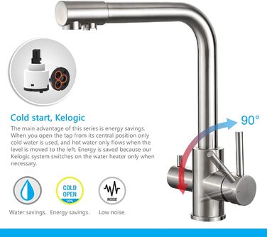 Кухонний змішувач 3-в-1 з поворотним виливом 360°, з двома важелями, для фільтрації води, гарячої та холодної води, високого тиску, з 3 шлангами 50 см, нержавіюча сталь, сірий матовий