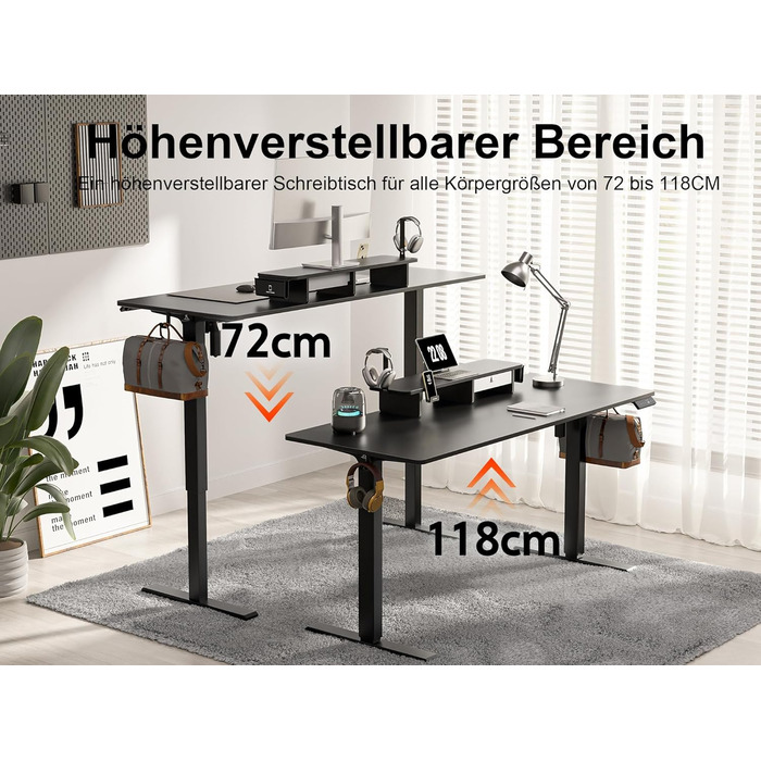 Electric Standing Desk with Drawers | Adjustable Height Desk with Monitor Stand & Phone Holder for Home Office & Office | 120x60cm Black